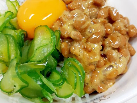 簡単ヘルシー！納豆＋キュウリ＋しらす＋黄身の丼♪